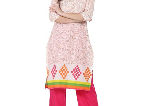 NOZ2TOZ Off White Printed 3 4Th Sleeve Cotton Kurta With Pink Palazzo Supply