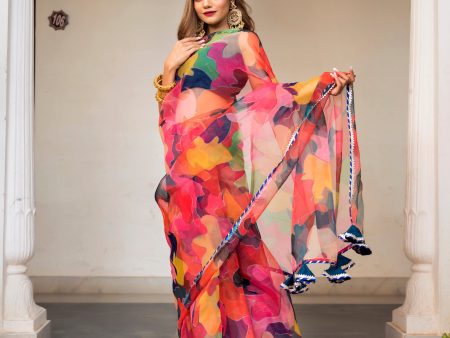 Pomcha Jaipur Multi-Color Organza Printed Saree For Sale