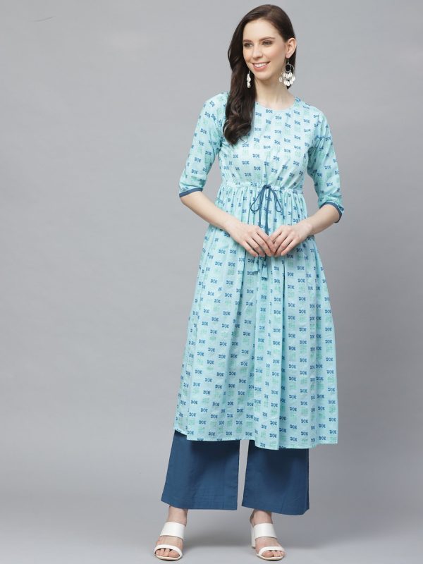 NOZ2TOZ Women A-Line Waist Tie-up Blue Printed kurta & Palazzo Set Online Sale