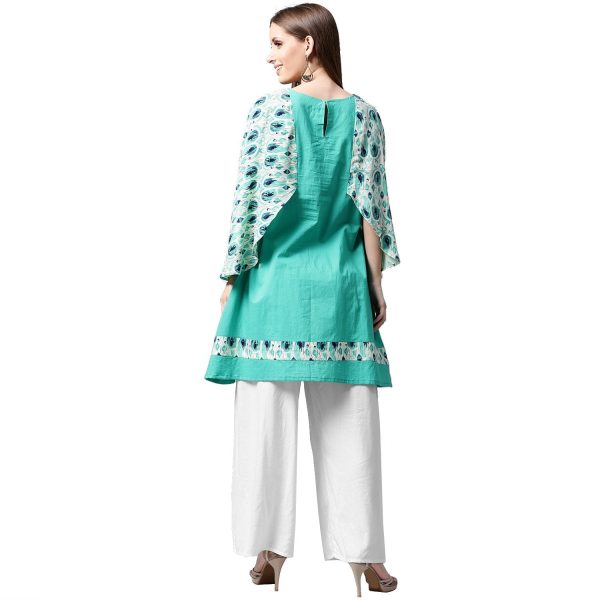 NOZ2TOZ Blue Printed Flared Sleeve Cotton A-Line Kurta Online