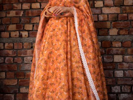 Pomcha Jaipur Orange Printed Modal Anrakali Set Sale