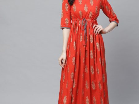 NOZ2TOZ Women A-Line Waist Tie-up Red & Gold Printed kurta & Palazzo Set Cheap