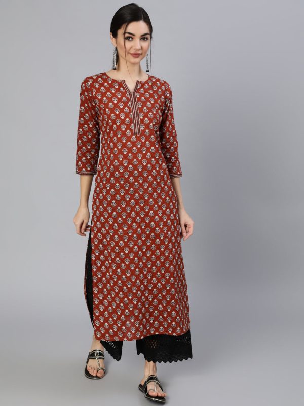 NOZ2TOZ Women Maroon Ethnic Printed Straight Kurta With Three Quarter Sleeves on Sale