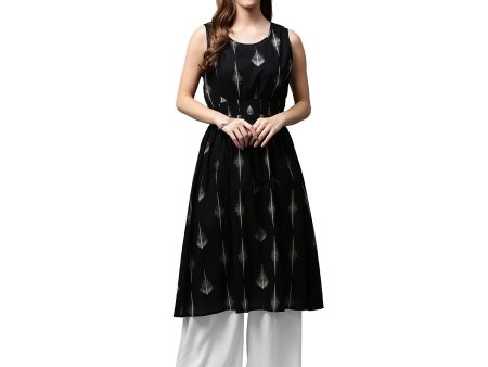 NOZ2TOZ Black Printed Sleeveless Cotton A-Line Kurta For Discount