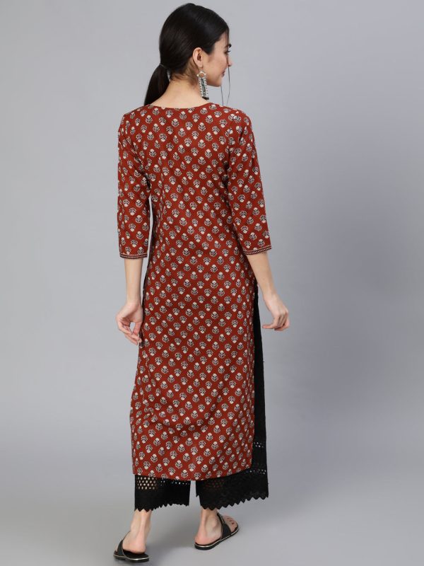 NOZ2TOZ Women Maroon Ethnic Printed Straight Kurta With Three Quarter Sleeves on Sale