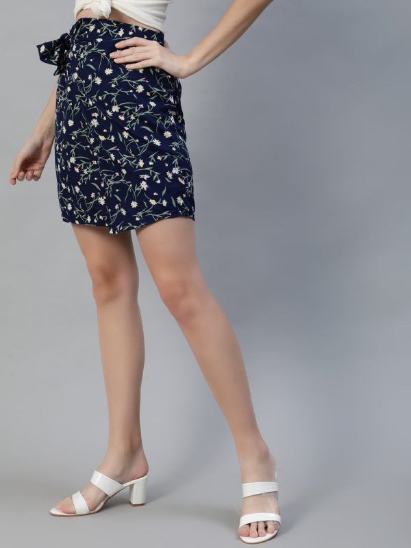 NOZ2TOZ Women Navy Blue Floral Printed Mini Skirt Hot on Sale