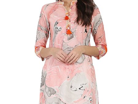 NOZ2TOZ Peach Marval Printed 3 4Th Sleeve Cotton Kurta Discount