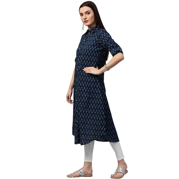 NOZ2TOZ Blue Printed 3 4Th Sleeve Cotton A-Line Kurta Cheap