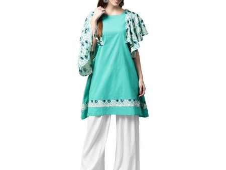 NOZ2TOZ Blue Printed Flared Sleeve Cotton A-Line Kurta Online