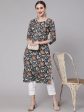 NOZ2TOZ Women Navy Blue Floral Printed Straight Kurta With Three Quarter Sleeves on Sale