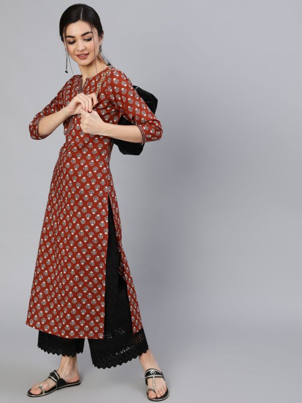 NOZ2TOZ Women Maroon Ethnic Printed Straight Kurta With Three Quarter Sleeves on Sale