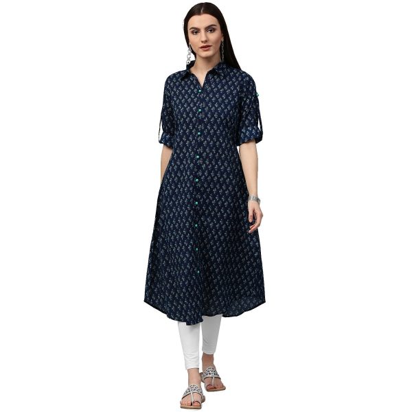 NOZ2TOZ Blue Printed 3 4Th Sleeve Cotton A-Line Kurta Cheap