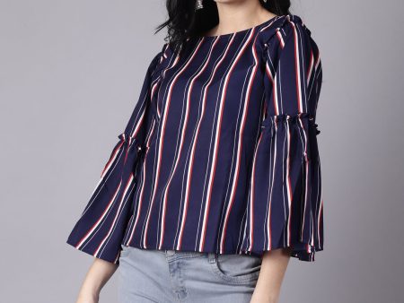 NOZ2TOZ Women Navy Blue Stripes Printed Top With Three Quarter Sleeves For Discount