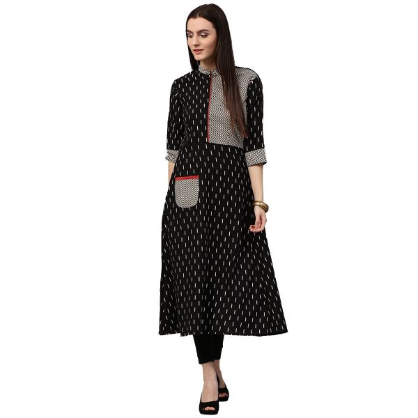 NOZ2TOZ Black Printed 3 4Th Sleeve Cotton A-Line Kurta With Pocket Hot on Sale