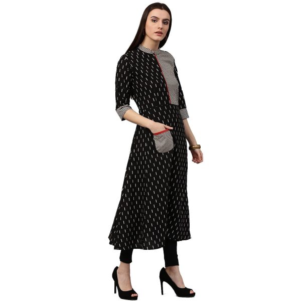 NOZ2TOZ Black Printed 3 4Th Sleeve Cotton A-Line Kurta With Pocket Hot on Sale