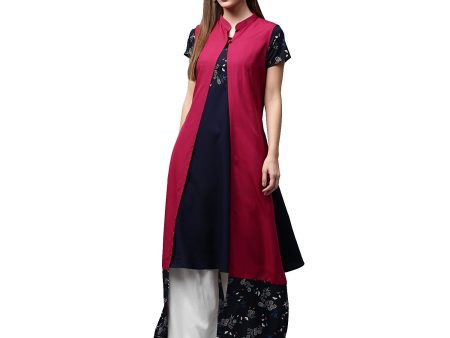 NOZ2TOZ Blue Printed Short Sleeve Crepe A-Line Kurta With Pink Jacket Hot on Sale