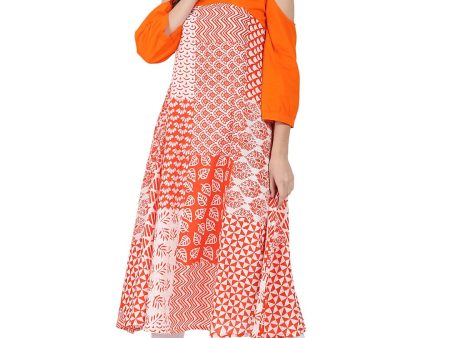 NOZ2TOZ Orange Printed 3 4Th Sleeve Cold Shoulder A-Line Kurta Supply