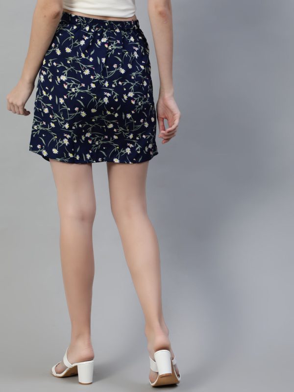 NOZ2TOZ Women Navy Blue Floral Printed Mini Skirt Hot on Sale