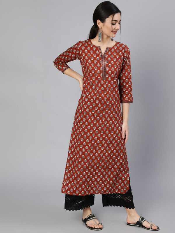 NOZ2TOZ Women Maroon Ethnic Printed Straight Kurta With Three Quarter Sleeves on Sale