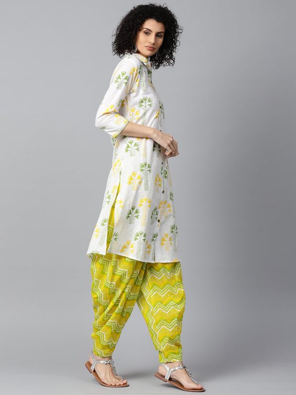 NOZ2TOZ Off White Printed 3 4Th Sleeve Cotton Kurta With Green Printed Patialla Salwar Hot on Sale