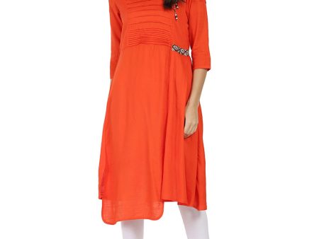 NOZ2TOZ Orange 3 4Th Sleeve Rayon Slub A-Line Kurta With Pleat Work At Yoke Online now