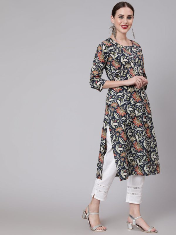 NOZ2TOZ Women Navy Blue Floral Printed Straight Kurta With Three Quarter Sleeves on Sale