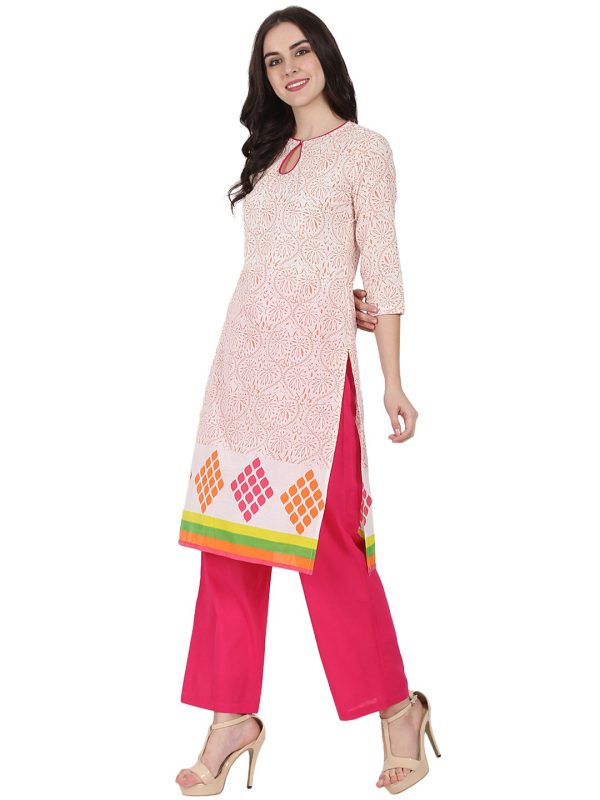 NOZ2TOZ Off White Printed 3 4Th Sleeve Cotton Kurta With Pink Palazzo Supply