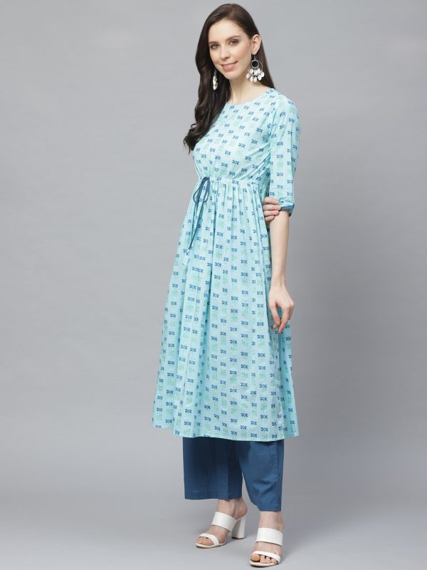 NOZ2TOZ Women A-Line Waist Tie-up Blue Printed kurta & Palazzo Set Online Sale