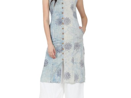 NOZ2TOZ Blue Printed Sleeveless Cotton A-Line Kurta Online Hot Sale