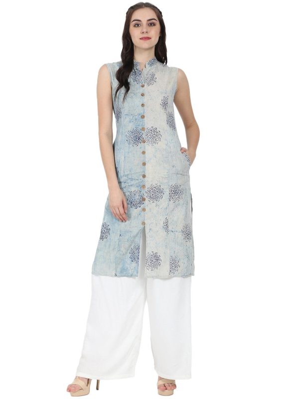 NOZ2TOZ Blue Printed Sleeveless Cotton A-Line Kurta Online Hot Sale