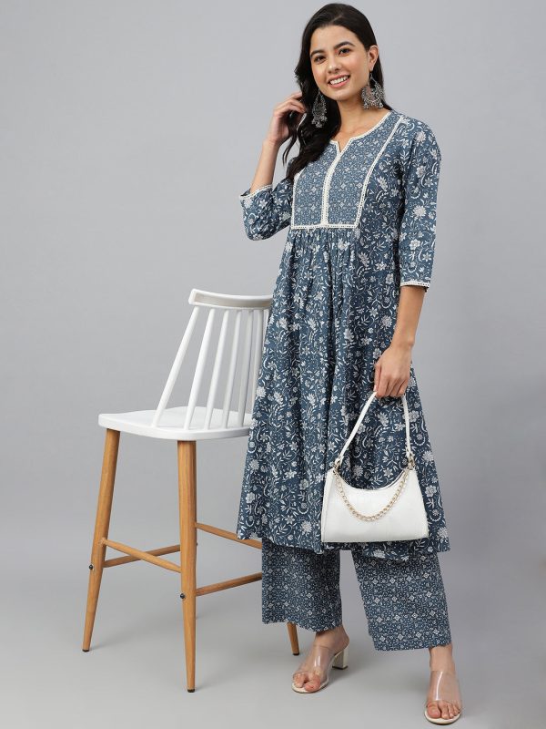 Janasya Women s Grey Cotton Floral Print Kurta With Palazzo Online