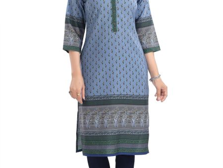 Snehal Creations Aesthetic Blue Digital Print Cotton Slub Long Kurti Tunic on Sale