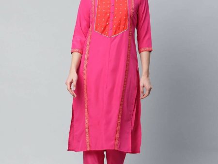 Ahalyaa Womens Pink Crepe Printed Kurta Pant Set on Sale