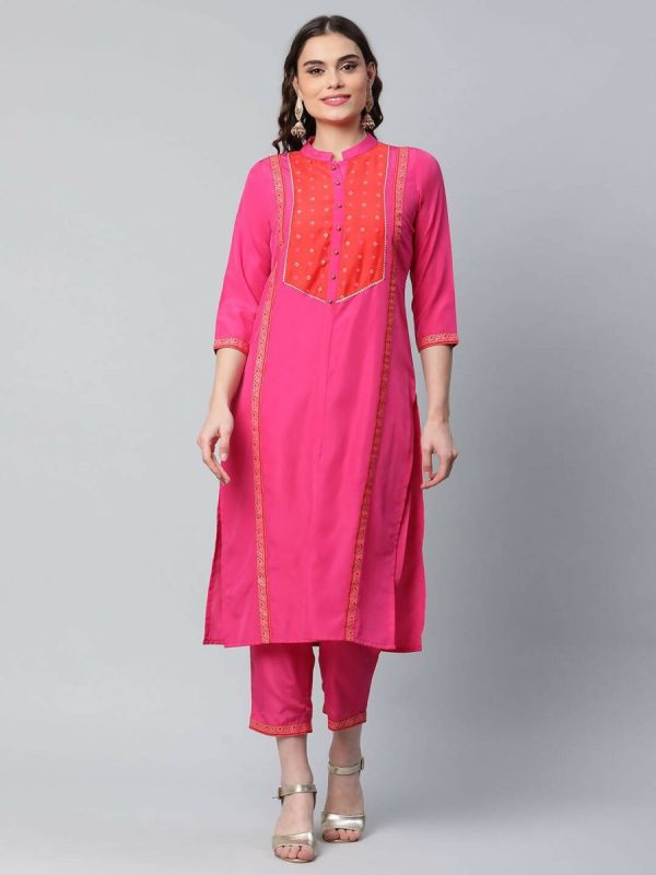 Ahalyaa Womens Pink Crepe Printed Kurta Pant Set on Sale