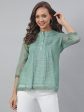 Janasya Women s Green Kota Doria Embellished Regular Top Online Hot Sale