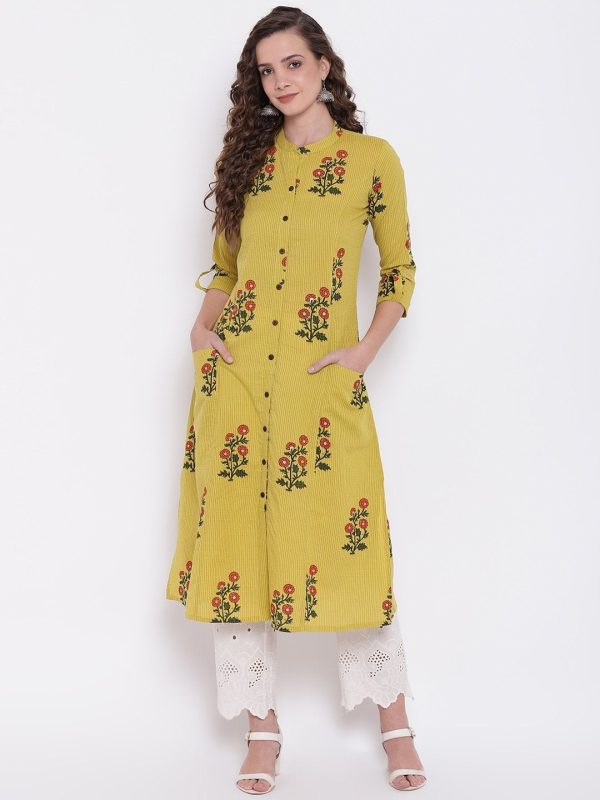 Wahe-NOOR Women s Lemon Yellow Straight Cotton Kurta Online Hot Sale