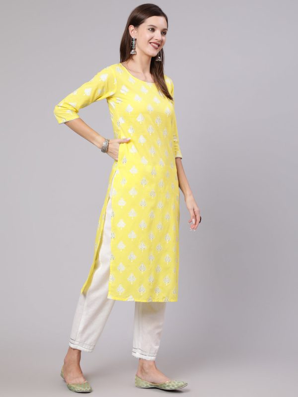 NOZ2TOZ Women Yellow Printed Straight Kurta With Solid White Palazzo Hot on Sale