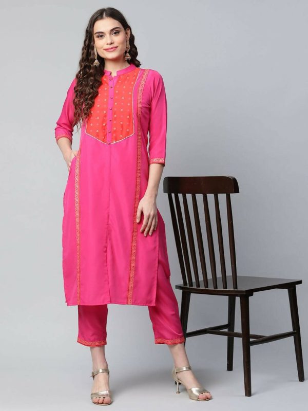 Ahalyaa Womens Pink Crepe Printed Kurta Pant Set on Sale