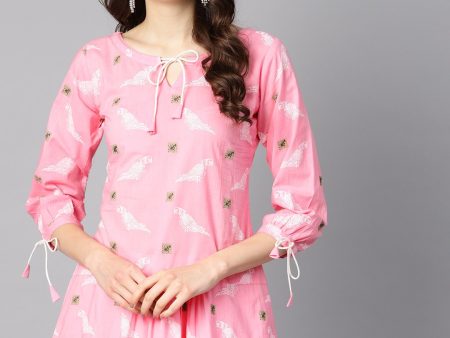 NOZ2TOZ Bird Print White Khadi Light Pink Tunic With Dori Detailing Online Sale