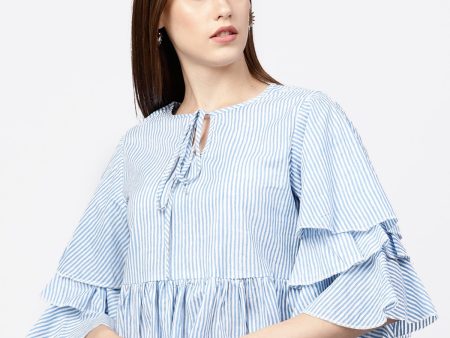 NOZ2TOZ Blue Striped 3 4Th Umbrella Sleeves Cotton A-Line Tops Online