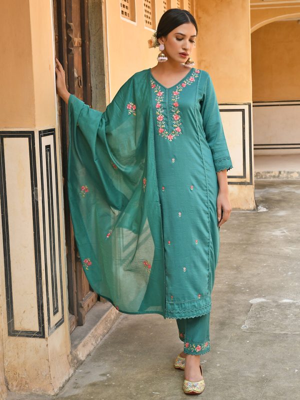 Janasya Women s Green Poly Silk Floral Embroidered Kurta With Pant And Dupatta on Sale