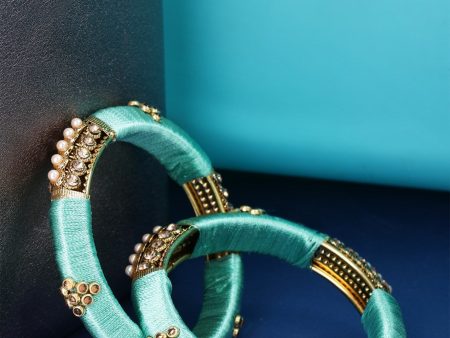 Priyaasi Designer Stone and Pearl Studded Gold Plated Mint Green Silk Threaded Bangles Set Of 2 For Sale