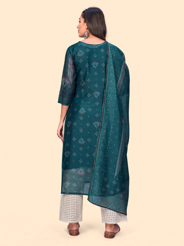 NOZ2TOZ Women s Sequience & Embroidered Straight Chanderi Teal Blue Stitched Kurta With Dupatta Cheap