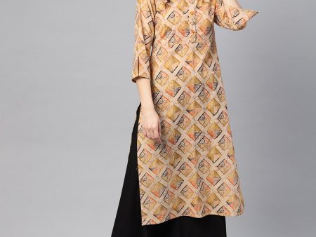 NOZ2TOZ Beige Multi-Colored Straight Kurta With Mandarin Collar With 3 4 Sleeves on Sale