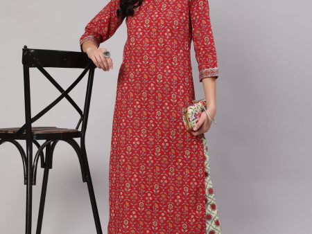 Noz2Toz Women Red Printed Straight Kurta With Three Quarter Sleeves Online Sale