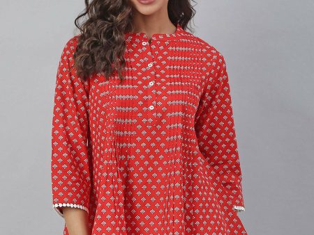 Janasya Women s Red Cotton Floral Print Flared Top Online