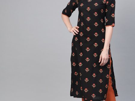 NOZ2TOZ Black & Rust Orange Multi Floral Printed Kurta & Solid Pants Online now