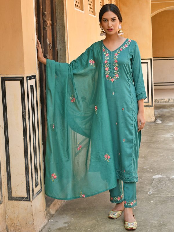 Janasya Women s Green Poly Silk Floral Embroidered Kurta With Pant And Dupatta on Sale