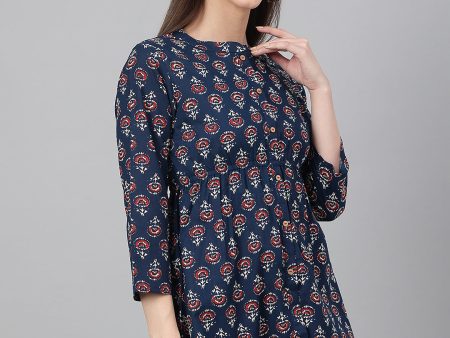 Janasya Women s Navy Blue Cotton Floral Print Peplum Top Sale