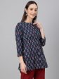 Janasya Women s Navy Blue Cotton Floral Print Peplum Top Sale